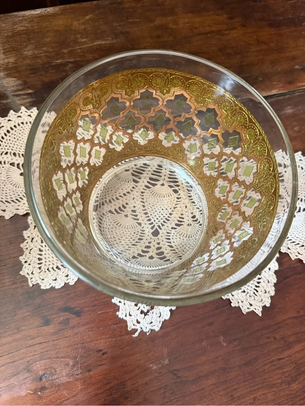 Vintage MCM Culver Valencia pattern Green and Gold Glass Ice Bucket.